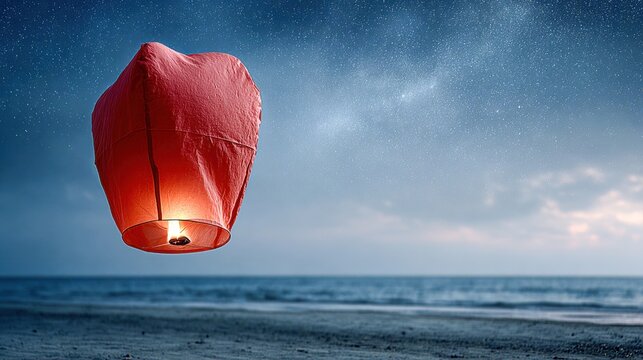 A single red lantern floating into the night sky among stars 