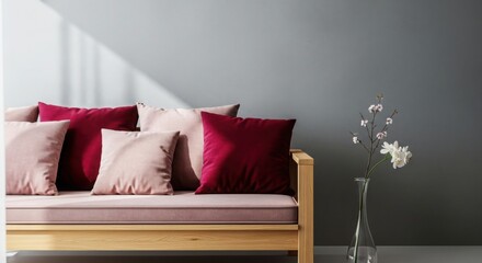 Cozy sofa with plush cushions and decorative pillows for a relaxing living space