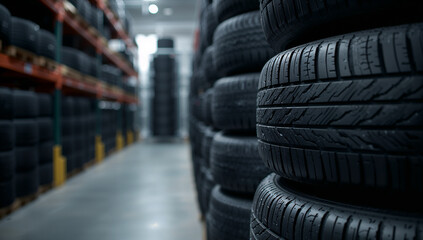 A row of black car tires stacked in a tire store, highlighting the automotive industry and tire sales.