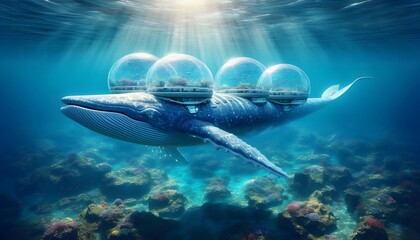 Obraz premium Blue whale with three large eco-habitat domes on its back swimming over a vibrant coral reef in the ocean.