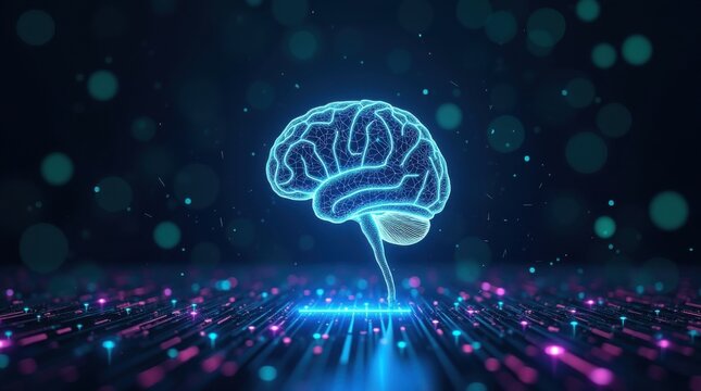Cerebro con un brillo azul radiante que emana de su intrincada red de v&iacute;as neuronales, suspendido sobre un fondo desenfocado de circuitos electr&oacute;nicos