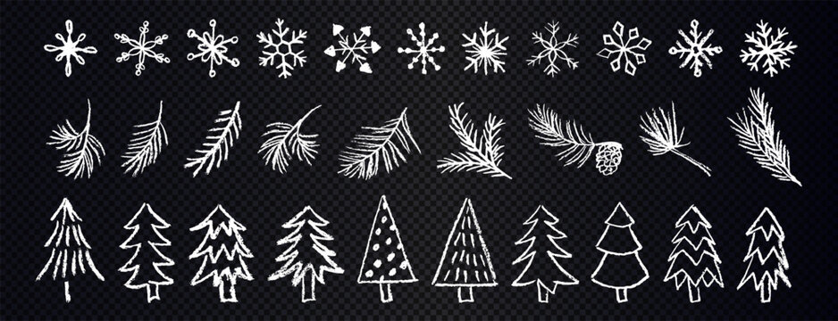 Sketch chalk of snowflakes, pine branches and trees. Set of white snowflakes and pine branches on transparent background. Crayon winter decoration elements drawn by chalk. - Powered by Adobe