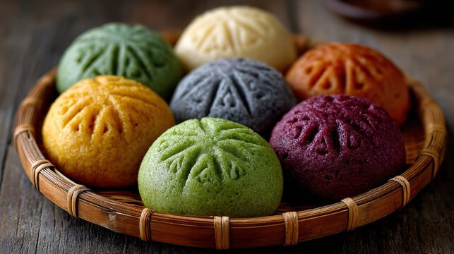 A variety of colorful steamed buns (mantou) shaped like auspicious symbols 