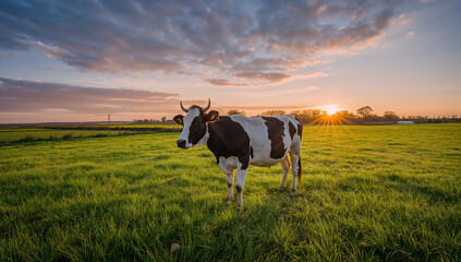 A cow standing on a lush green field at sunset, symbolizing peaceful rural life and farming.