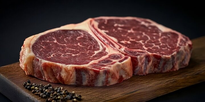 Deliciously marbled raw beef steak on a wooden cutting board ready for cooking and seasoning.