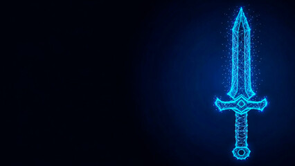 This abstract digital art piece features a glowing blue sword, intricately formed from interconnected polygons and light, symbolizing strength, innovation, and digital prowess.