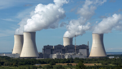 A large nuclear power plant with cooling towers emitting steam, showcasing energy production and industry.