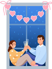 A romantic couple in love by a window for Valentine Day with champagne glasses