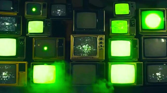 A wall of vintage televisions stacked together with static and green dots on the screens