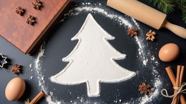 Festive scene featuring flour dusted surface shaped like Christmas tree, surrounded by baking ingredients like eggs, cinnamon sticks - Powered by Adobe