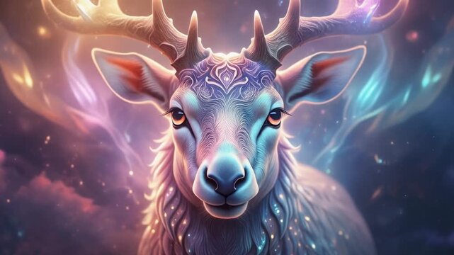 Mystical Deer Portrait A Majestic Creature Amidst Dreamy Celestial Colors and Fantasy Ambiance