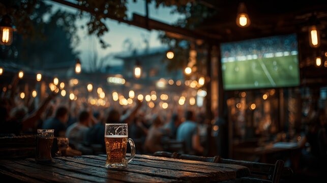 a group of friends cheering and celebrating in front of the big screen tv at a bar 
