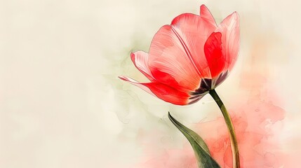 Minimalist Coral Pink Watercolor Tulip with Sage Green Accents on a Soft Luminous Apricot Background