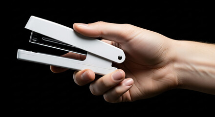 Tidy up documents with a hand holding a white stapler, essential tool for office efficiency and organization, a clean and professional look to any workspace