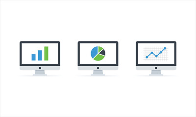 Computer with Charts Icon Set – Analytics & Data Visualization