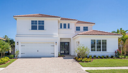 Beautiful modern home with a spacious driveway and lush landscaping, showcasing contemporary architecture.