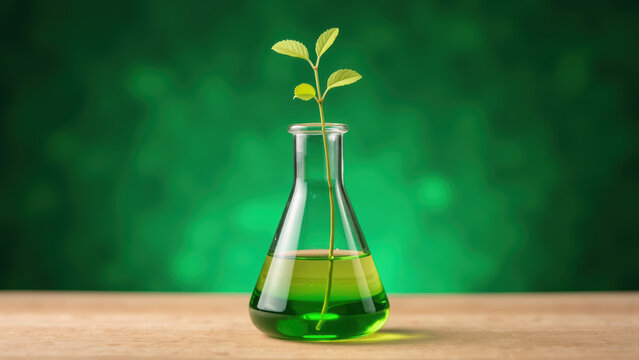 Green plant sprouting from flask filled with vibrant liquid symbolizes growth and innovation in science