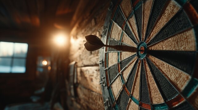 Dart hitting the bullseye in a rustic cabin during evening hours - Powered by Adobe