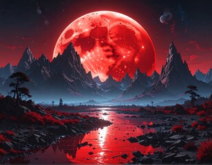 Blood-red supermoon reflects in a river with jagged mountains and eerie flora on a harsh alien world