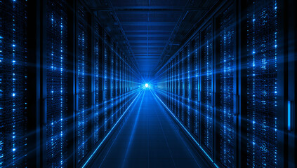 Futuristic server hall with a glowing blue ambiance, representing a cutting edge data center environment.