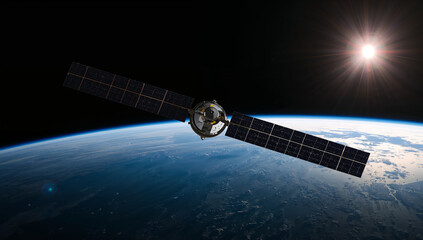 Satellite orbiting Earth with solar panels and sunlight, showcasing modern space exploration technology.