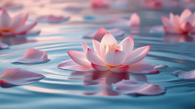 A serene and captivating composition of vibrant pink lotus blossoms gently floating on a calm body of water, accompanied by delicate scattered petals, creating a tranquil and mesmerizing natural scene