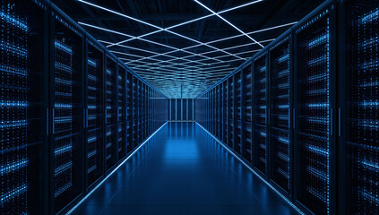 Futuristic data center with rows of servers glowing in blue lights, showcasing modern technology infrastructure.