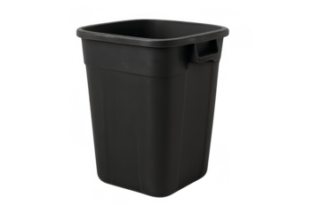 Black plastic garbage can with handles, depicting waste management and recycling concepts with a transparent background