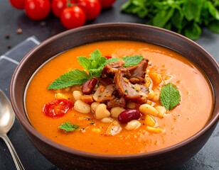 Bowl of bright orange tomato soup with beans, smoked meat and mint. Garnished with cherry tomatoes and pepper on slate