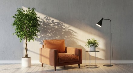Modern living room with armchair floor lamp and potted plant creating a cozy ambiance