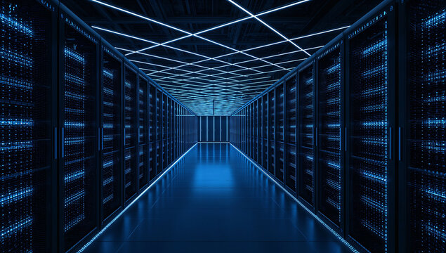 Futuristic data center with rows of servers glowing in blue lights, showcasing modern technology infrastructure.