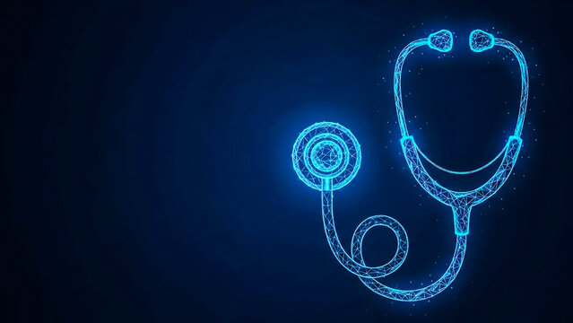 A futuristic digital stethoscope, rendered with glowing blue polygonal lines, symbolizing advanced medical diagnostics, telemedicine, and the evolving future of healthcare technology and science.