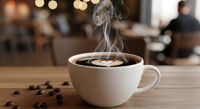 Steaming cup of hot coffee with exquisite heart latte art sits on a rustic wooden table, accompanied by scattered roasted beans in a blurred, warm cafe atmosphere.