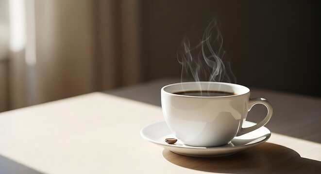 Steaming hot coffee in a white ceramic cup with saucer and a single roasted coffee bean on a sunlit wooden table, capturing a cozy and inviting morning scene. - Powered by Adobe