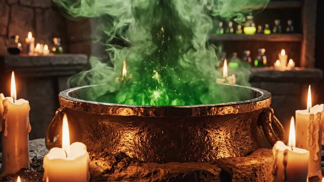 Dark Cauldron with Green Smoke and Candlelight - This video shows a dark, weathered cauldron bubbling with a bright green liquid and emitting dense green smoke.