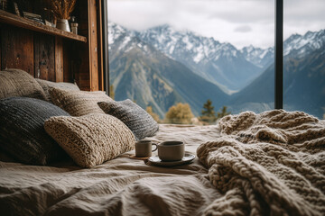 Cozy mountain cabin morning - warm knitted blankets, coffee cups and breathtaking alpine view, concept of slow living and mindful rest