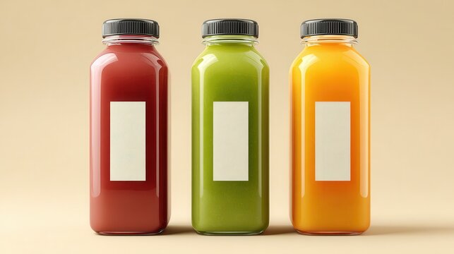 Three colorful juice bottles with blank labels on a neutral background