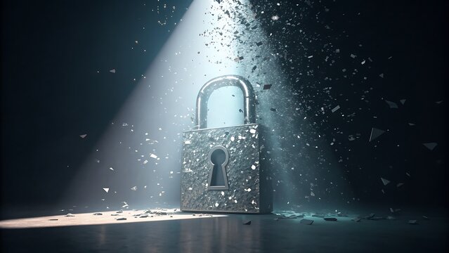 A silver padlock illuminated by a spotlight amid digital debris