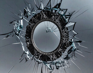 Ornate vintage mirror shattered with sharp glass fragments radiating outwards broken