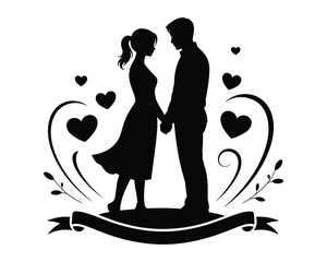 Romantic silhouette of a couple holding hands surrounded by hearts and flourishes