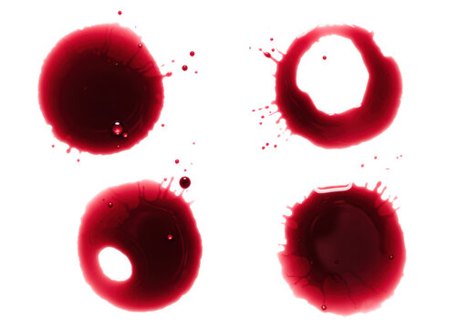 Four fresh, irregular red wine stains with intricate fluid textures, delicate drips, deep red hues, varied opacity on a transparent background, copy space, abstract beauty concept