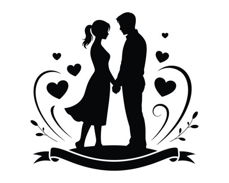 Romantic silhouette of a couple holding hands surrounded by hearts and flourishes - Powered by Adobe