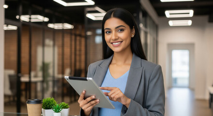 Confident young Indian businesswoman in a modern office using a digital tablet while standing at her desk.