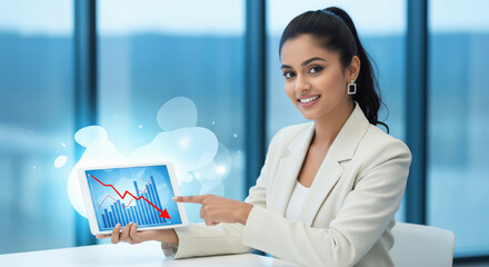 Young Indian businesswoman in a white blazer pointing at a digital tablet displaying a declining financial graph in a modern office