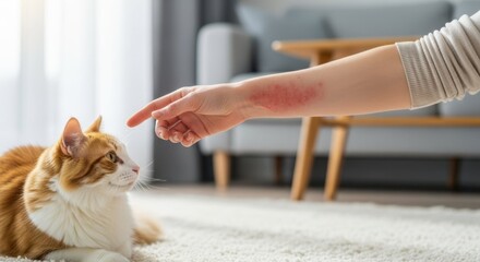 Skin allergy reaction to pet with red rash on arm. Skin allergy caused by domestic animal showing irritated skin and inflammation. Skin allergy is perfect content for health and wellness advertising.