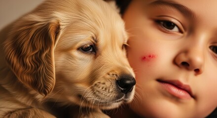 Child with allergies showing skin redness next to golden retriever puppy, closeup. Allergies are a common reaction, manifesting as itchy skin, red spots, and discomfort in children and adults alike,