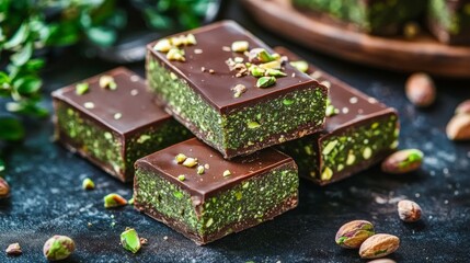 Obraz premium Close-Up of Delicate Arabic Sweets with Pistachio Spread, Dark Green Dessert Presentation in Stack
