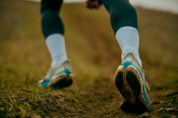 Running shoes pushing off muddy ground during hill climb. Concept of traction, trail motion, outdoor activity, steady cardio, natural training habit.
