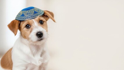 Cute puppy in a blue yarmulke, looking directly at the camera. Hanukkah pet portrait for holiday greeting card and celebration.