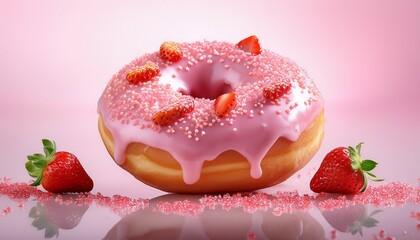 A Donut With Pink Icing And Sprinkles Of Strawberries